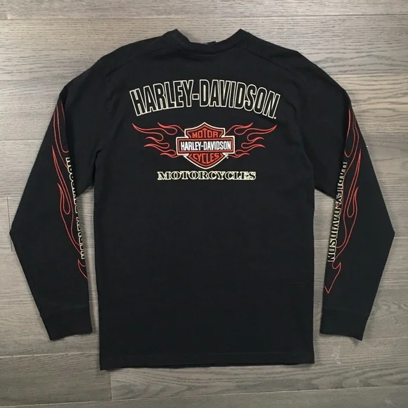 Harley Davidson Flames Long Sleeve T-Shirt Black Motorcycles Tee Medium - Picture 3 of 13